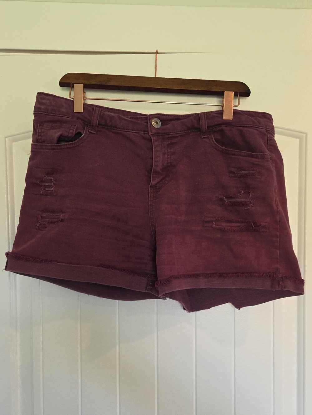 Vanilla Star Distressed High-Rise Jean Shorts in Plum